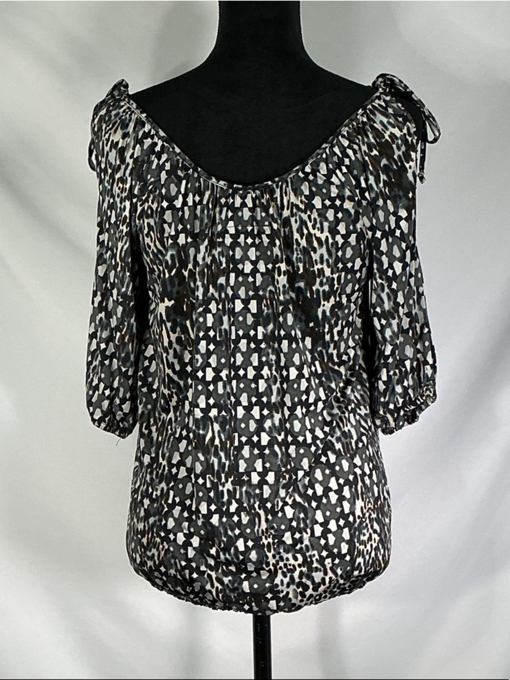 Soul Revival Black White Printed Tie Shoulder Blouse XS Boho Festival Summer Top
